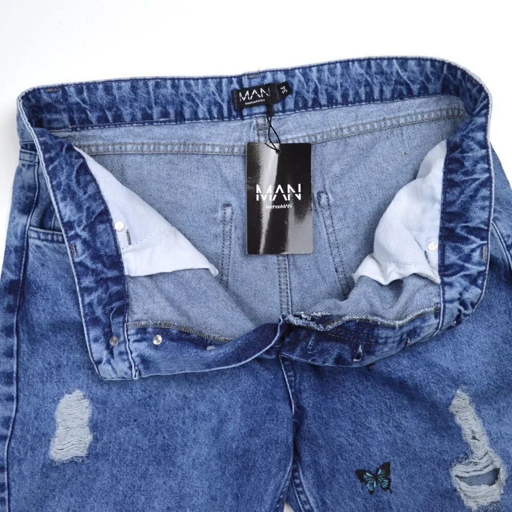 BoohooMan Skinny Butterfly Print Ripped Jeans